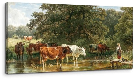 MHARTK66 Kühe Trinken Wasser am Fluss Leinwand Bilder, 50x100 cm Groß Wandbilder Wohnzimmer Tier Bild Aesthetic, Modern Wanddeko Kunstdruck Schlafzimmer Badezimmer Büro Esszimmer Küche