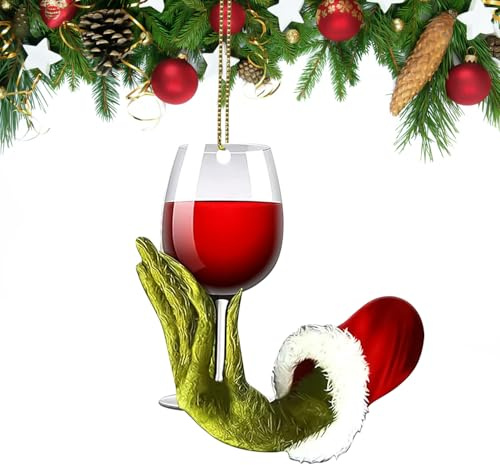 Christmas Ornaments 2025 - Funny Wine Cup Green Hanging Decorations for Tree, 2D Acrylic Christmas Tree Pendants, Indoor Holiday Decor, Party Decorations, Unique for Wine Lovers