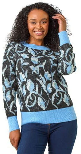 Roman Originals Thick Jumper for Women UK - Ladies Winter Autumn Smart Casual Knit Knitted Knitwear Pull-On Round Crew Neck Long Sleeve Work Office Dinner Party - Petite Blue - Size 16