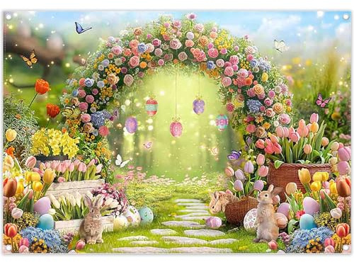 Luminora 7x5ft Easter Backdrop Spring Garden Flowers Blue Sky Bunny | Polyester Fabric, Tapestry, Eggs Photography Background, Kids Festival Family Party Supplies, Outdoor Photo Booth