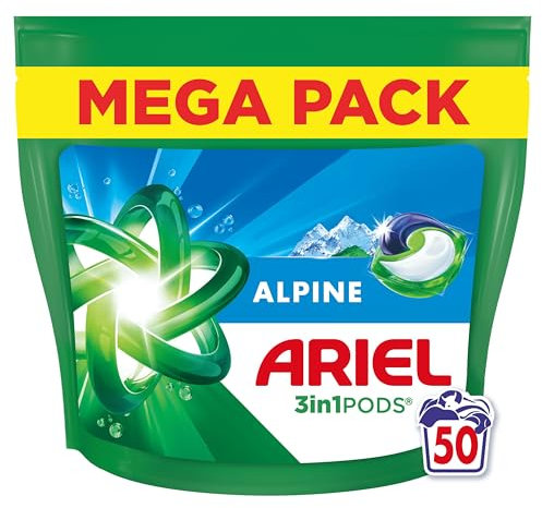 Ariel Pods 3en1 Alpine, Lessive en Capsules, 50 Lavages, Action Détachante En 1 Seul Lavage, Dissolution Rapide Même à Froid, Fabriqué en France