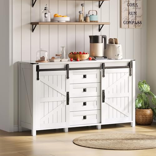 Aparador con espacio de almacenamiento, armario lateral de 137 cm de ancho con puertas correderas y 4 cajones, color blanco