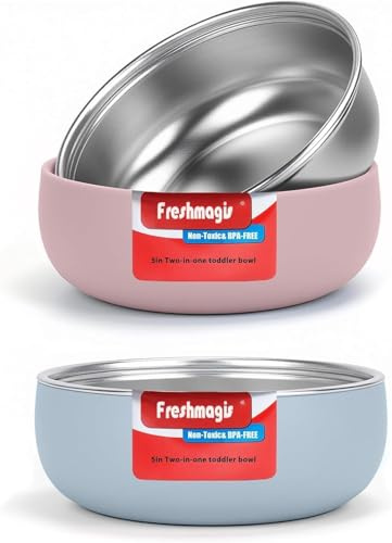 Bols non toxiques pour tout-petits avec base antidérapante | Bols en acier inoxydable pour bébés | Bols de 12,7 cm, sans BPA, lavables au lave-vaisselle | Accessoires pour repas sans dégâts | Lot de 2