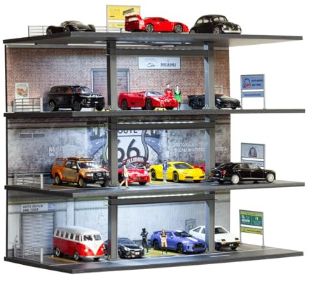 NUEIOVRW 1:64 Diorama Garage Modello, Illuminazione LED 4 piani Parcheggio Scena Display Case, per 1:64 Diecast Modellino Auto Vetrina Modello, Edificio