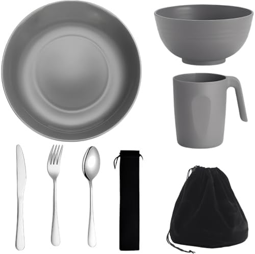 Camping Plates and Bowls Set, Unbreakable Camping Cutlery Set with Mug, Spoon, Fork and Storage Bag, Dinnerware Sets for Apartment Essentials, Travel and Outdoor Camping
