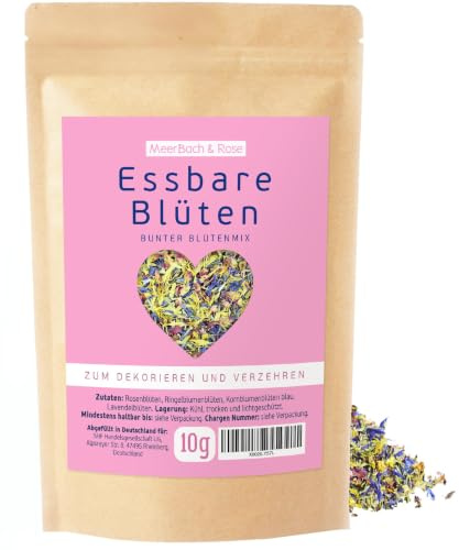 Essbare Blüten 10g Bunter Blütenmix zum Dekorieren und Verfeinern | Mit Blüten von Rosen, Ringelblumen, Lavendel, Malven und Kornblumen. MEERBACH & ROSE - Qualität aus Deutschland