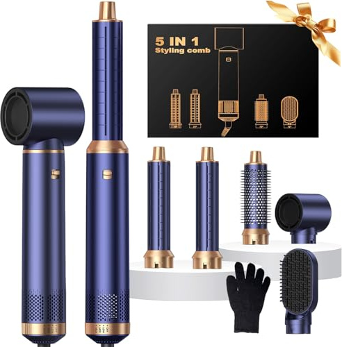 UKLISS Air Styler 5 in 1 Hair Styler Set 1000W Airbrush Hair Styler - Blue | with Hot Air Styler, Hair Dryer Brush, Hair Dryer Curler, Volumizer, Round Brush, Air Stylers for Women