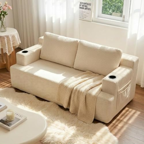 YINIX Boneless Sofa 2 Sitzer mit Getränkehalter & Seitentasche | Cord Sofa Vacuum-Verpackt, Cloud Sofa Bequem, Keine Montage erforderlich, Modernes Sofa für Wohnzimmer (Creme, 170 cm)