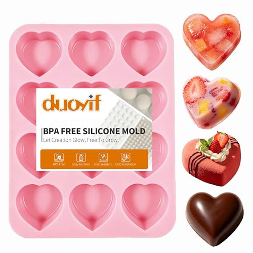 duoyif Stampo in silicone a forma di cuore, 12 fori, diametro 5 cm, a forma di cuore, senza BPA, antiaderente, per cioccolato, mousse, gelatina, ghiaccio a forma di cuore, per whisky e cocktail, 1