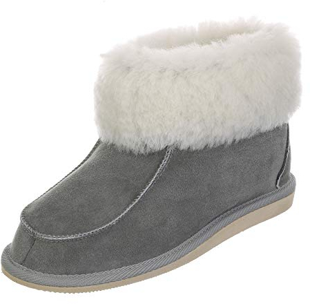 Hollert Damen & Herren Lammfell Hausschuhe ZUGSPITZE GRAU 100% Merino Schaffell für Wohlgefühl - warm, atmungsaktiv Schuhgröße EUR 40