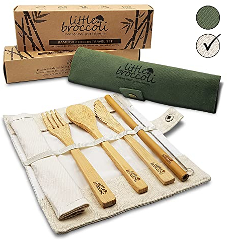 Little Broccoli Bamboo Cutlery Set, Biodegradable and Reusable Wooden Cutlery Set of Knife, Fork, Spoon, Straw, Napkin and E-Book, Ideal for Party & Travelling