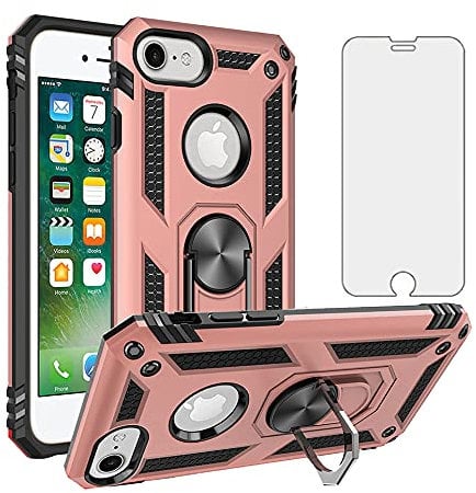Phone Case for iPhone 6/6s/7/8 with Tempered Glass Screen Protector Stand Ring Holder Shockproof Silicone Heavy Duty Accessories i Phone6s Phone7s Phone7phone Six Seven 6a i6 i7 i8 7s 8s S Rose Gold