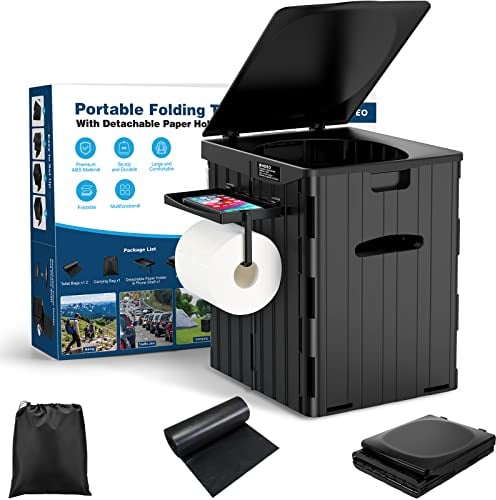 Toilettes Portables pour Adultes, 39 cm de Haut, Toilettes de Camping Pliables Extra Larges avec Étagère Amovible pour Téléphone et Porte-papier Hygiénique, Pot Étanche avec Couvercle (Noir)