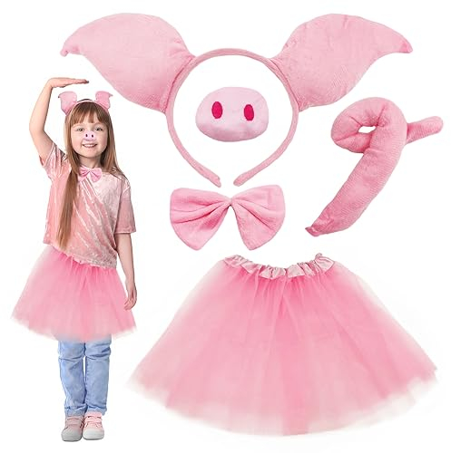 SKHAOVS 5 Pcs Schwein Kostüm Set, Schwein Ohren Stirnband Kinderkostüm Schweineohr mit Fliege Schweinenase Schwanz Ferkel Cosplay, für Kindergeburtstag Karneval Halloween Fasching Party