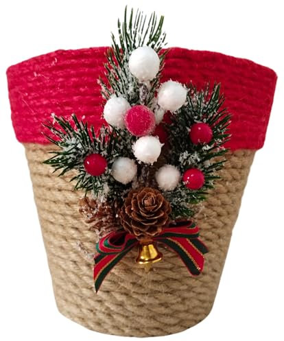 Macetero decoración Navidad. Maceta navideña yute natural. Adorno decorativo. Para flor de Pascua, poinsettia. Redondo. Interior y exterior. Para tiestos. Muérdago, lazo, hoja de abeto y campanilla.