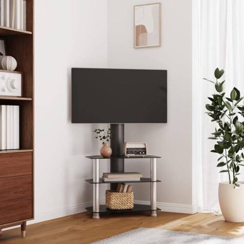 ZEYUAN TV-Eckregal mit 3 Ablagen für 32-70 Zoll Schwarz und Silbern, Fernsehtisch, Tv Lowboard, Fernsehschrank, Tv Bank, Tv Table, Tv Kommode - 358173