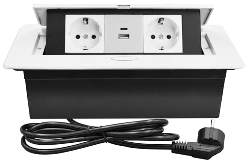CHENGPI Prise Escamotable pour Encastrer au Bureau,Bureau de Prise Pop-up Caché avec 2 Prises 220V/16A et Ports USB A 5V/3,1 A,Bloc Prise Plan de Travail avec Type C PD18W,Câble 1.8m