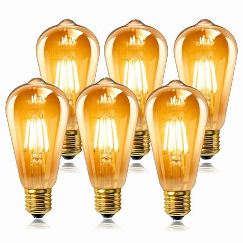 Edison Screw Bulb E27, Vintage Light Bulb, 220V ST64 E27 LED Bulbs Dimmable, 6W Equivalent to 60W, ES LED Filament Lamp Squirrel Cage, Retro Amber Glass, 2700K Warm White, 6 Pack