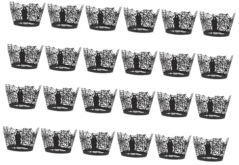 24 Halloween Kuchenpapier Ausgehöhlte Backformen Schwarz Papier | Einwegige Tortenverpackung mit Spinnweben Design, für Party Deko und Kreatives Backen im Herbst