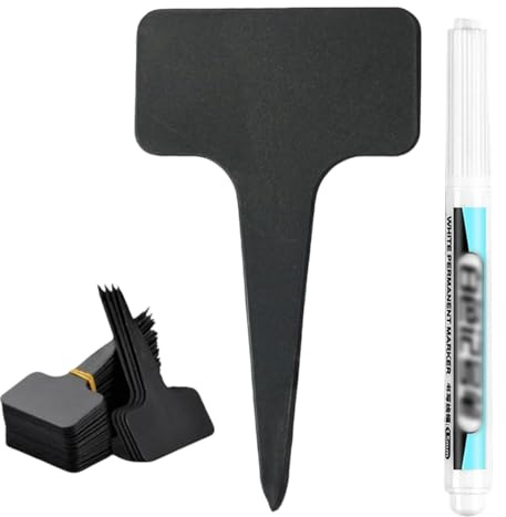 Alinw 100 Pcs Plant Labels with Pen, Black Plastic Plant Labels for Outdoor Plants Tags, Re-usable Gardening Accessories T-Type Plants Markers for Herb Pots Identification