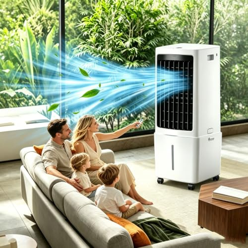 12L Portable Air Conditioners, Swamp Cooler Portable AC Unit for Room, Windowless Cooling Fan That Blow Cold Air with Remote, 3 Speeds, 7.5H Timer, 2 Ice Packs, for Bedroom Garage，White