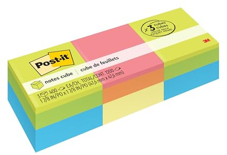 Post-it Notes Cube, 1 7/8 in. x 1 7/8 in., 3 Sticky Notes Pad, 400 Sheets, Assorted Bright Colors