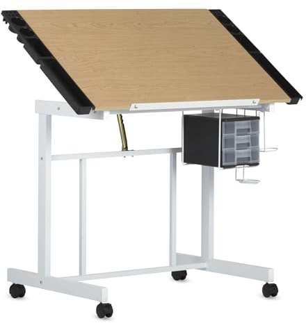 Studio Designs Deluxe Bastelstation, Verstellbarer Drafttisch zum Basteln, Schreibtisch, Hobbytisch, Schreibtisch mit Schubladen, 91,4 x 61 cm, Weiß/Ahorn