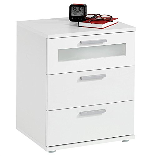 CARO-Möbel Nachttisch Nachtschrank Nachtkommode Mary für Boxspringbett, weiß, 45 x 53 x 38 cm, mit 3 Schubladen, oberste mit Glaseinsatz