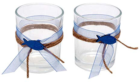 ZauberDeko 2X Teelichtglas Kommunion Konfirmation Tischdeko Blau Fisch Vintage David
