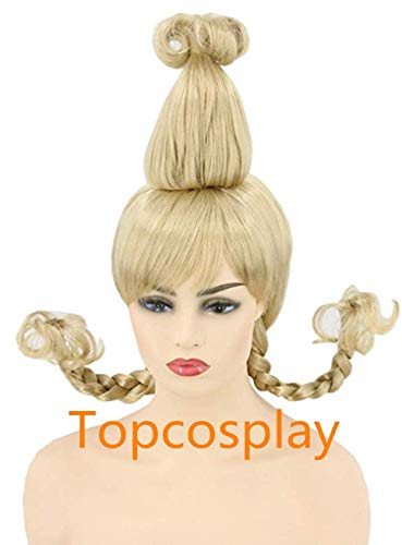 Topcosplay Blonde Perücke für Frauen Weihnachts Perücke mit Doppel Zöpfe Weihnachtsperücke für Karneval Kostüm