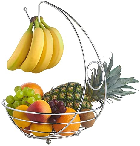 Glow Fruit Basket with Banana Holder - Stylish Premium Chrome Home Kitchen 2 in 1 Large Wide Wire Frame Display Fruit Bowl Basket with Banana Hanging Hanger Tree Hook and Round Worktop Safe Feet