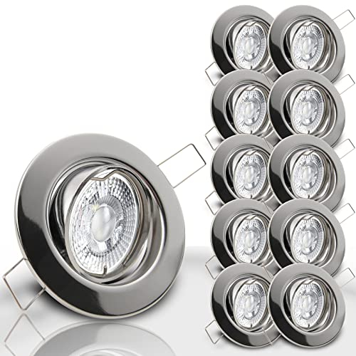 trendlights24 Decora Decken Einbaustrahler flach 35 mm 230V 10er Set - LED Spots je 5W Warmweiß 400lm austauschbar Chrom glänzend schwenkbar 68 mm