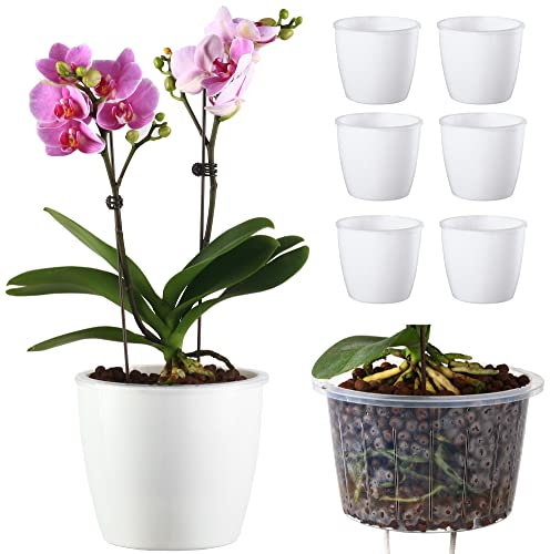 DeElf 6 Pack 6.7 Self Watering Planter Wicking Pots for Plants Indoor Golden Devil's Ivy, African Violet, Ocean Spider Plant, Orchid, White Color