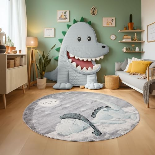 SIMPEX KinderTeppich, Dinosaurier Design, Teppich Blau, 120 cm Rund, Teppich für Kinder, Teppich Kinderzimmer