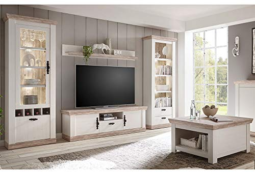 Lomadox Landhaus Wohnzimmer Set Wohnwand mit Couchtisch, Pinie weiß und dunkel