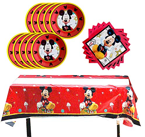 Red Mickey Mouse Birthday Party Supplies,Includes 20 Paper Plates - 20 Napkin - Table Cloth Serves 10 Guest
