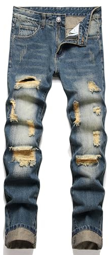 AITITIA Men's Ripped Regular Fit Jeans, 335 Blue, 34