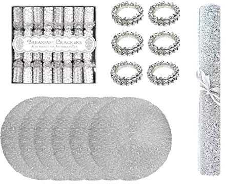 YöL 21pc Christmas Table Set Silver Napkin Rings Table Runner Saucer Crackers Placemats
