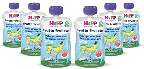 HiPP - Frutta Frullata Bio per Bambini, Dragone, Purea 100% Frutta, Gusto Mela, Pera, Frutto del Drago e Ribes Nero, Senza Zuccheri Aggiunti, 8 Confezioni da 90 gr