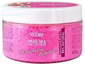 Victoria Beauty - Totes Meer Körperpeeling, Salz Peeling für Gesicht und Körper, Dead Sea Exfoliating Body Salt Scrub, natürliche Rezeptur - duftet nach Erdbeeren und Vanille (1 x 400g)