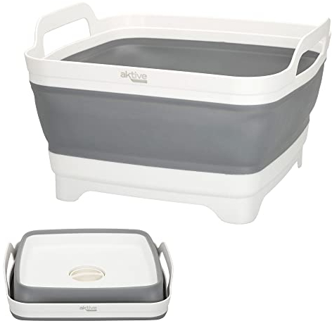 Aktive 52985 - Fregadero plegable para camping | Accesorios Camping - Barreño plegable capacidad para 8,5 litros | Medidas 30,5x30x20/7 cm | Plástico y goma TPR con tapón drenaje
