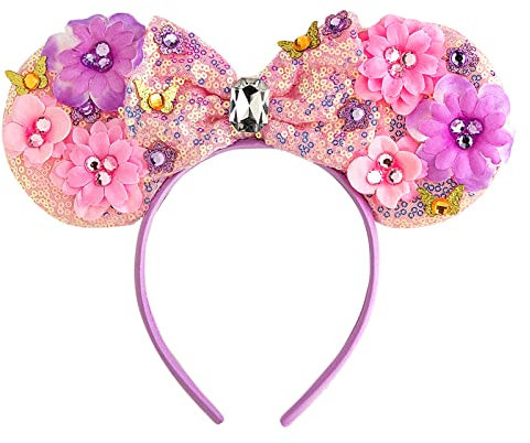 CHuangQi Mouse Ears Headbands with Shiny Bow, Double-sided Sequins Glitter Hair Band, for Birthday Party, Celebration or Event (Green ears & Red bow)