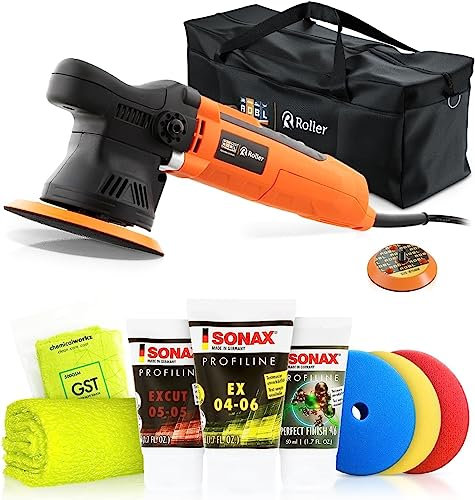 Poliermaschinen Set: ADBL D09125 Exzenter Poliermaschine + Sonax Politurset + Royal Pads Premium Polierpads - Auto Politur, Lack polieren, Kratzer entfernen, Aufbereitung | 8-teilig
