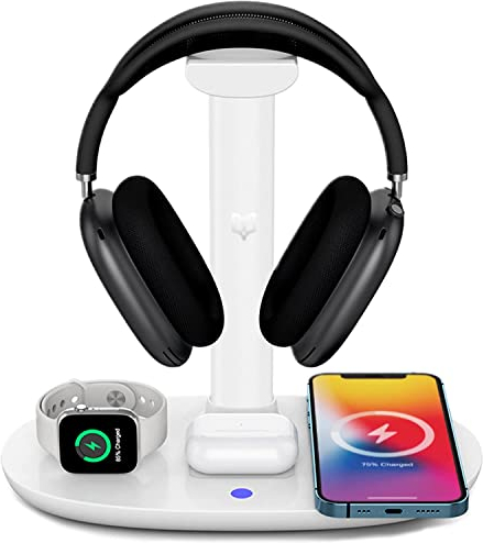 4 in 1 Wireless Charger with Headphone Stand for iPhone 17 16 15 14 13 12 Pro Max, Apple Watch 11 10 Ultra SE, AirPods Max 4 & Samsung S25-15W Gaming Desk Organizer (Adapter Not Included)(White)