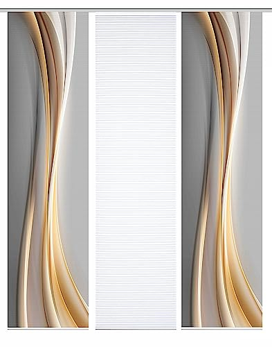 HOME in green 84070 ELANIA Schiebegardine aus recyceltem Polyester, halbtransparent, Farbe:Gold, Größe:245 x 60 cm, Anzahl:3er-Set (2X Motiv. 1x Uni)