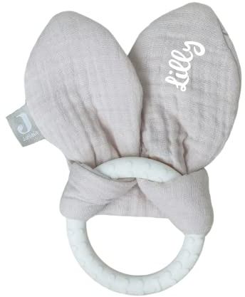 Niedlicher Greifling Baby mit Hasenohren I hochwertiges Greifspielzeug Baby in nougat I Greifring personalisiert Baby ab 0 Monaten I süßer Baby Greifling mit Namen