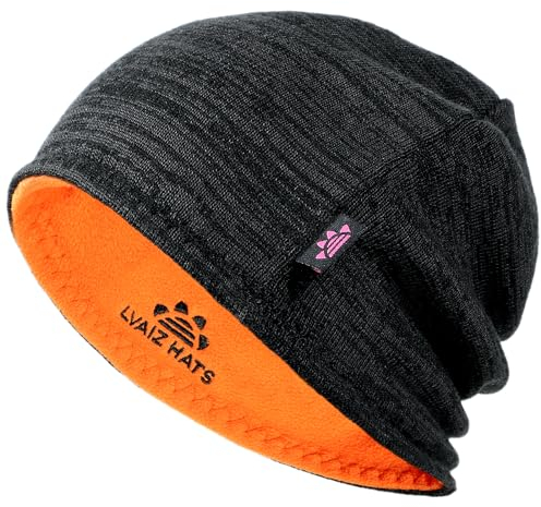 Lvaiz Winter Fleece Gefüttert Strickmütze für Männer Wendbare Winddichte Uhr Hut Warme Totenkopf Mütze für Frauen, Schwarz/Orange, Einheitsgröße