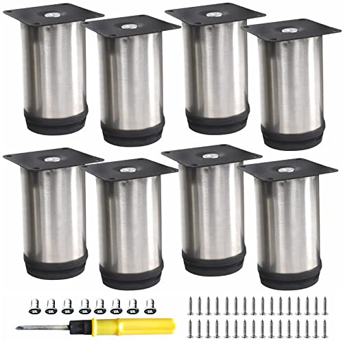 Möbelfüße Verstellbar, 8 Stück Edelstahl Möbelfuß Verstellbar Sofafüße Edelstahloptik Gebürstet, Ø50 mm, Höhe 80 mm, Füße für Möbel aus Aluminium Hochwertige Schrankfüsse für individuelle DIY Möbel