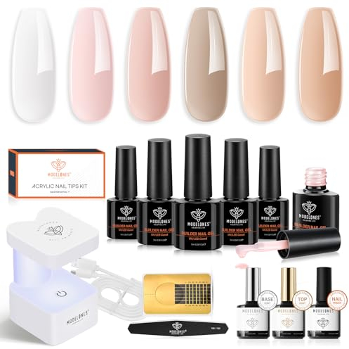 Modelones Aufbaugel für Gelnägel, 8 in One Builder Gel für Nägel, Nude Rosa Farben Builder Gel Set mit Lampe, Top und Base Coat, UV Harder Nagelverlängerung Gel für Nail Art, Gel Nägel Selber Machen
