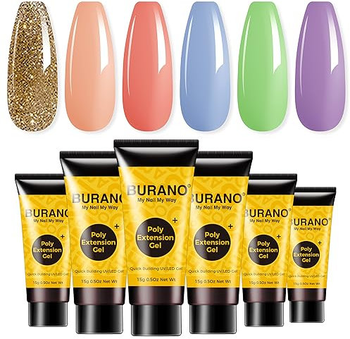 BURANO Poly Extension Gel Nail Kit, 6 Colors Nail Poly Nails Builder Gel Set for Beginner & Professional Using, Poly Nail Gel Kits DIY Starter Kit Nail Art Gift (02 Colorful)